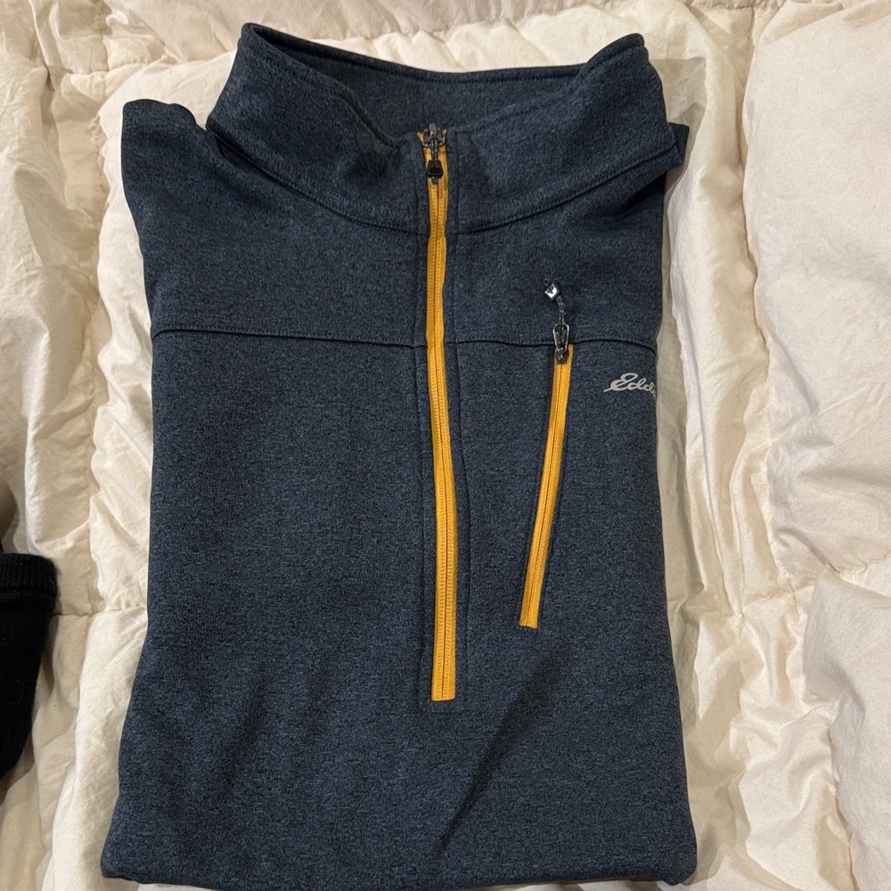 Eddie Bauer Men's Navy 1/4 zip pullover with Mustard Zipper